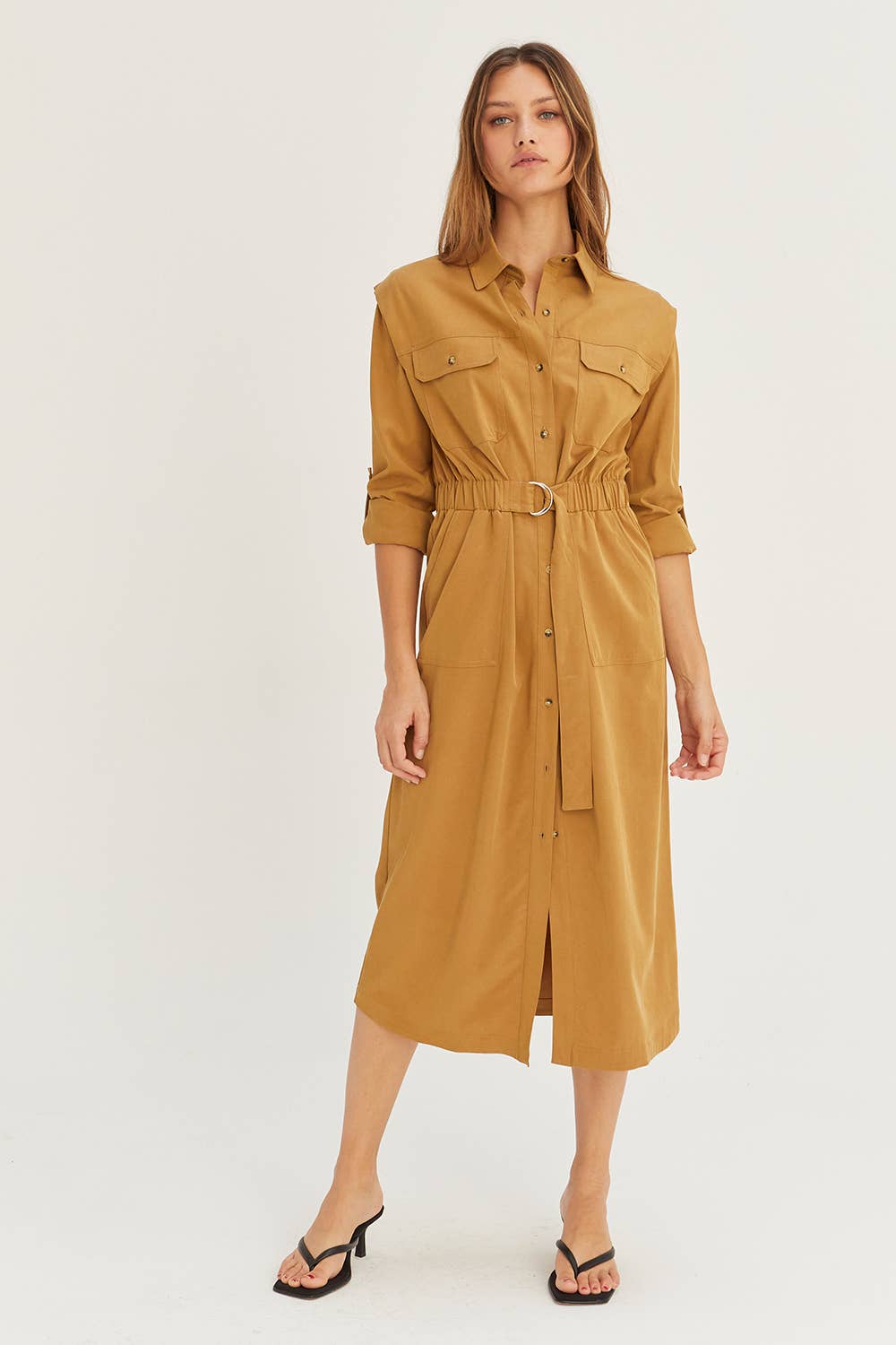 TAN CD8031 - Kayla Button Up Utility Midi Dress for wholesale on Faire6