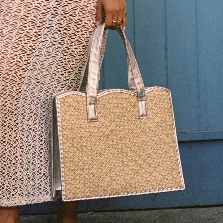 Grande Borsa Shopper in Rattan e Pelle Oro | Tote di Lusso per la vendita all'ingrosso da parte di Soli & Sun