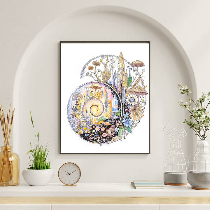 Impresión de Arte Fino de Ammonite 12x16, Arte Transformacional, Arte Fantástico, Pintura de Fósil, Pintura de Cristal, Impresión de Archivo para venta al por mayor de Mandala Gems