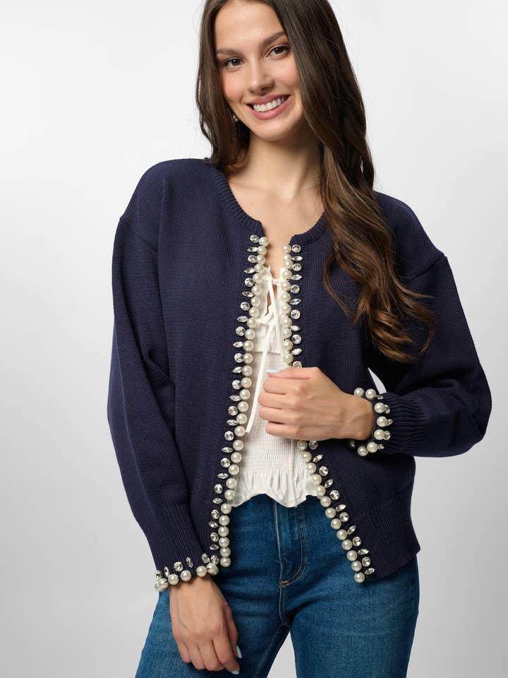 Pearl & Crystal Trim Cardigan for wholesale by SAACHI