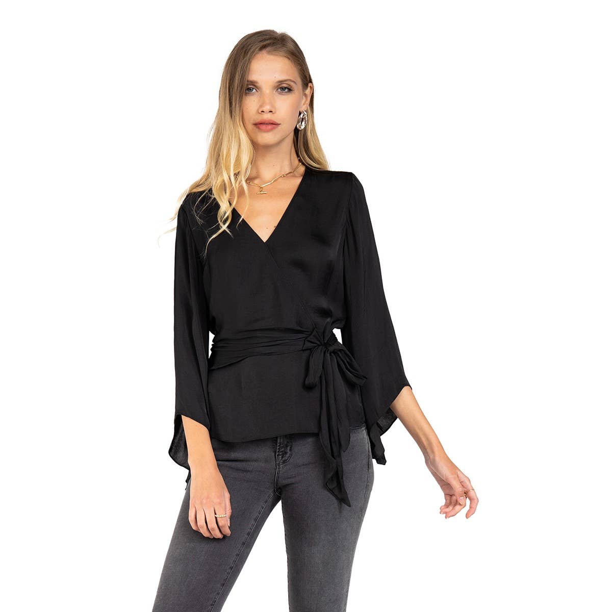 Naked Zebra Rack - Wholesale Blouse - Women's - Long Sleeve Front Tie Blouse With Bell Sleeves2