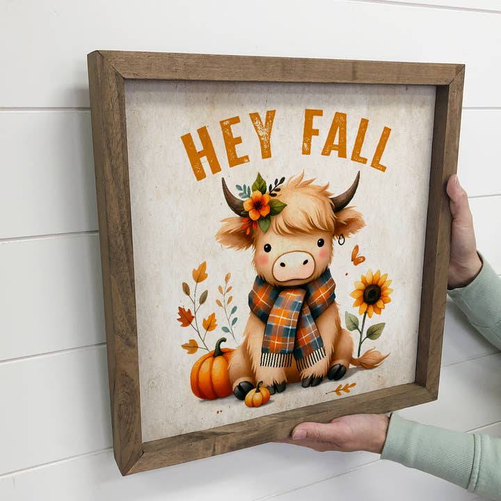 Hey Fall Furry Highland Cow - Fall Canvas Art - Framed Decor for wholesale by Hangout Home