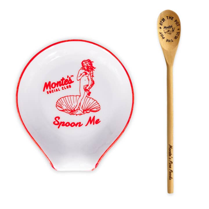 "Spoon Me" Rest & "Stir The Pot" Wooden Spoon Bundle for wholesale by Monte’s Fine Foods