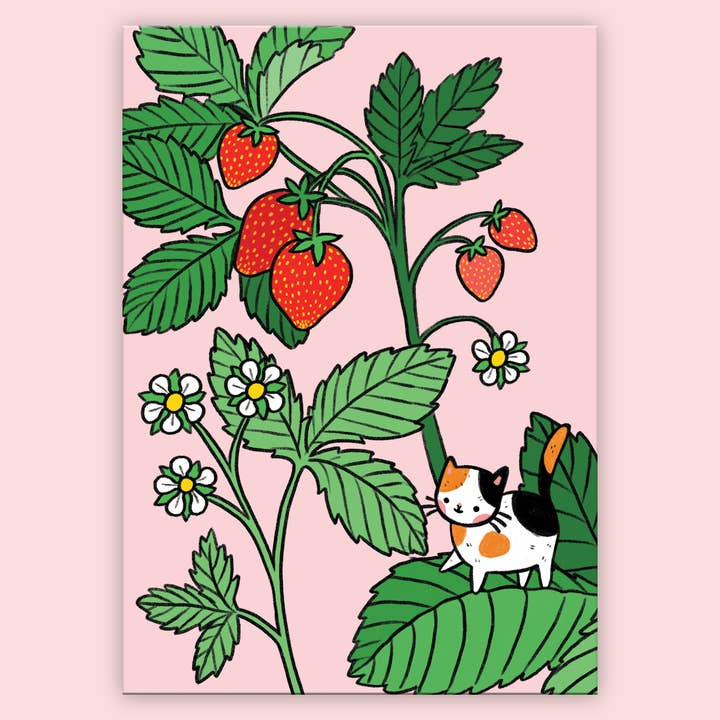 Strawberry Kitty Postcard for wholesale by PONY PEOPLE
