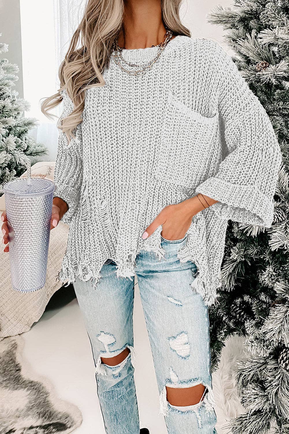 Threaded Pear - Wholesale Knit Sweater - Women's - Alina Ripped Raw Hem Chunky Pullover Sweater4