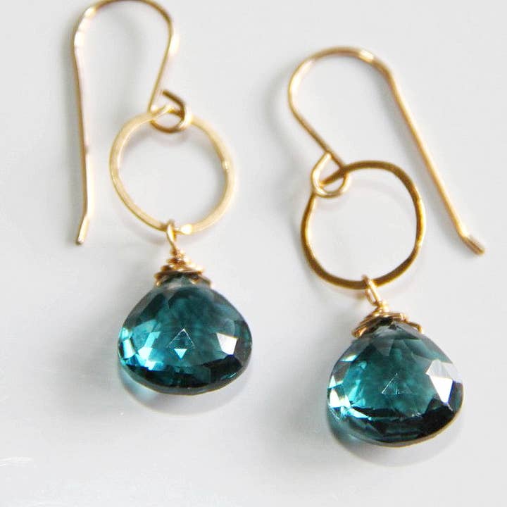 Judy Brandon Jewelry - Wholesale Dangle Earrings - London Blue Topaz Gold Earrings - Heart Shaped Gems