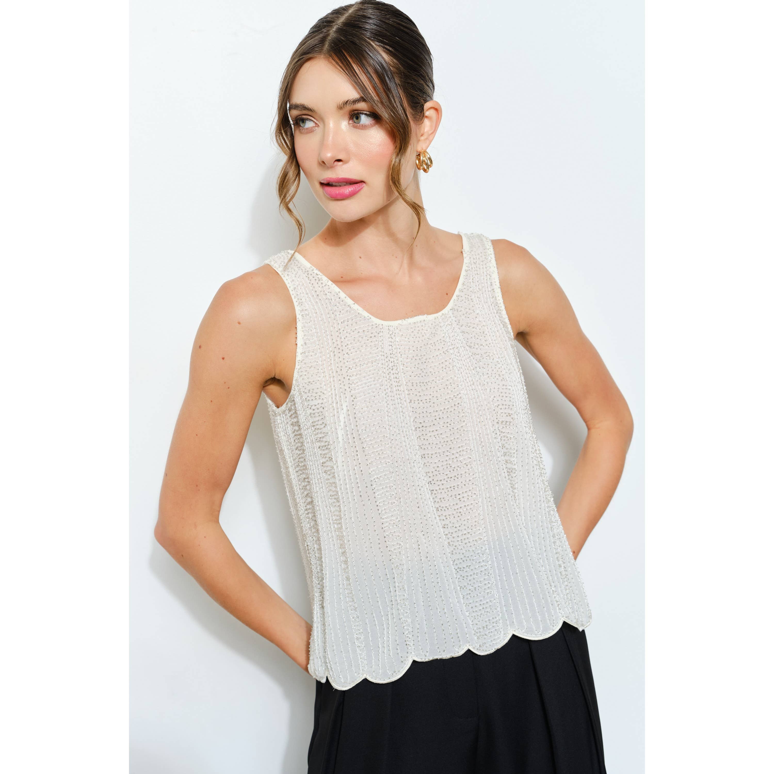 INA - Wholesale Blouse - Women's - All Over Beaded Scallop Hem Sleeveless Top0