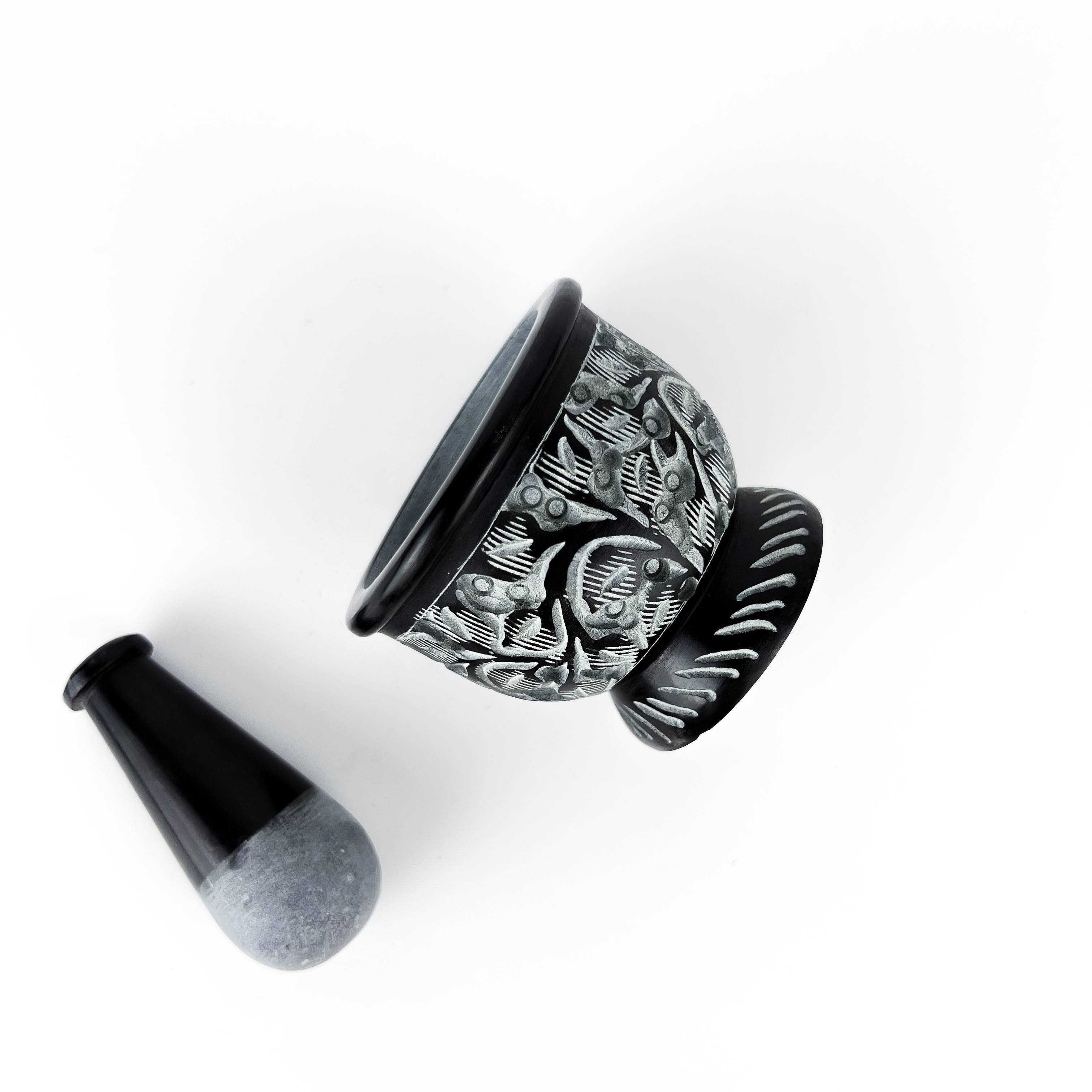 GREENROOTS USA LLC - Wholesale Mortar & Pestle - Black Carved Soapstone Mortar & Pestle 2.5"H, 3"D7