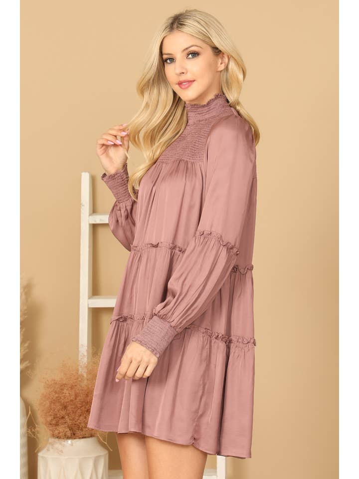 MYS Wholesale Inc - Wholesale Dress - Women's - Shirred High Neck Puff Sleeve Tiered Satiny Dress