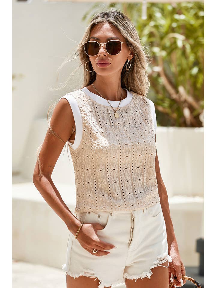 Oatmeal LDC Floral Textured Crew Neck Tank Top for wholesale on Faire