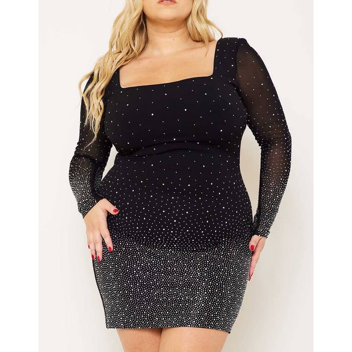 PLUS SIZE RHINESTONE SQUARE NECK BODYCON MESH LONG SLEEVE MI for wholesale by Curve Market