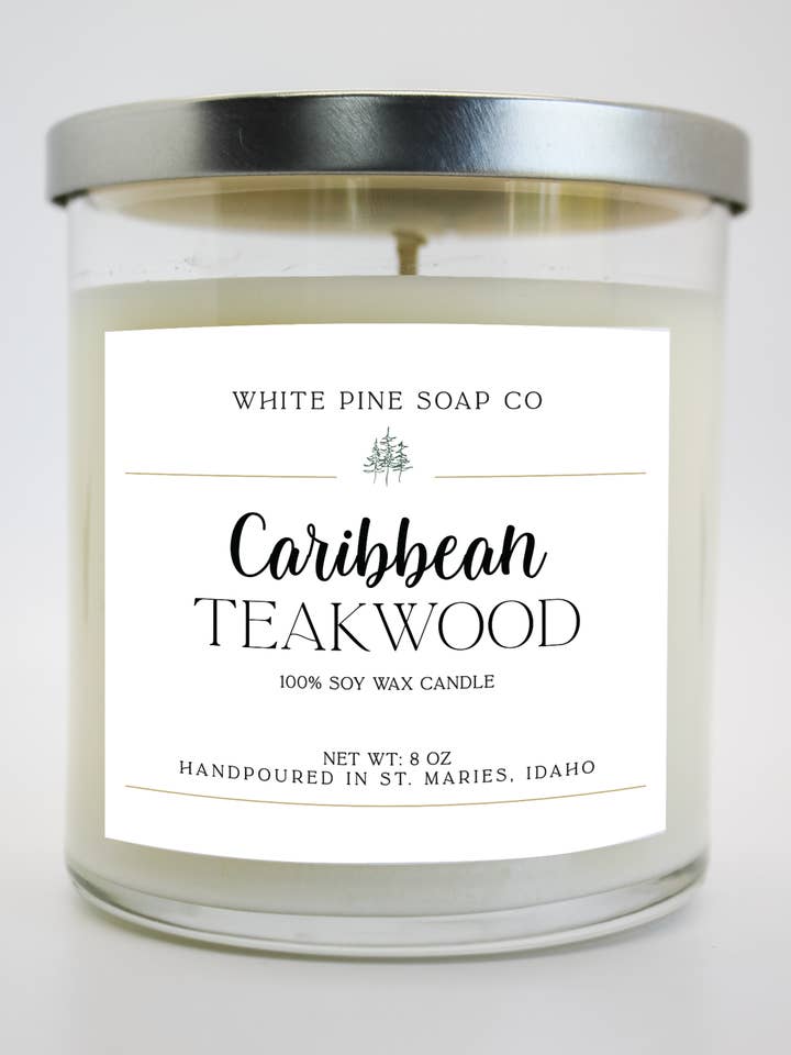 Caribbean Teakwood 8 oz Soy Wax Candle for wholesale by White Pine Soap Company