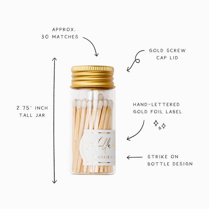 Frankie & Claude - Wholesale Matches - Mini Glass Match Jar – Classic White Matches, Gold Lid