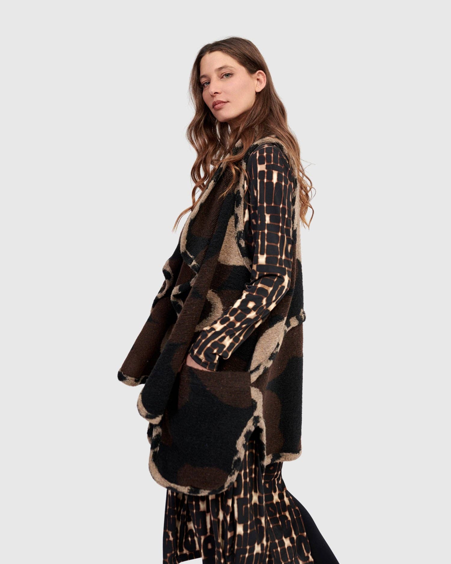 Piped Cozy Draped Vest, Floral for wholesale on Faire3