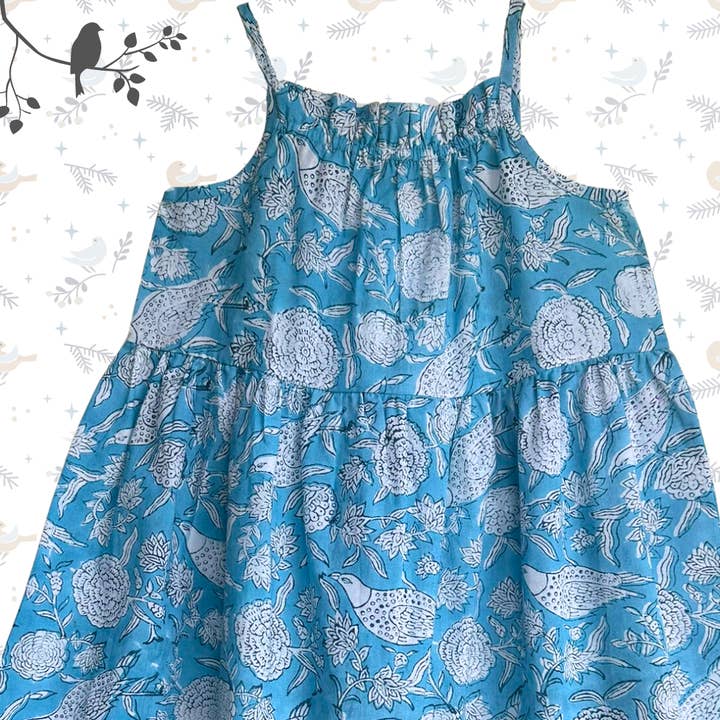 The Indian Bazaar - Wholesale Dress - Kids - Girls Sun Swing Dress - Pastel Blue Bird print Cotton