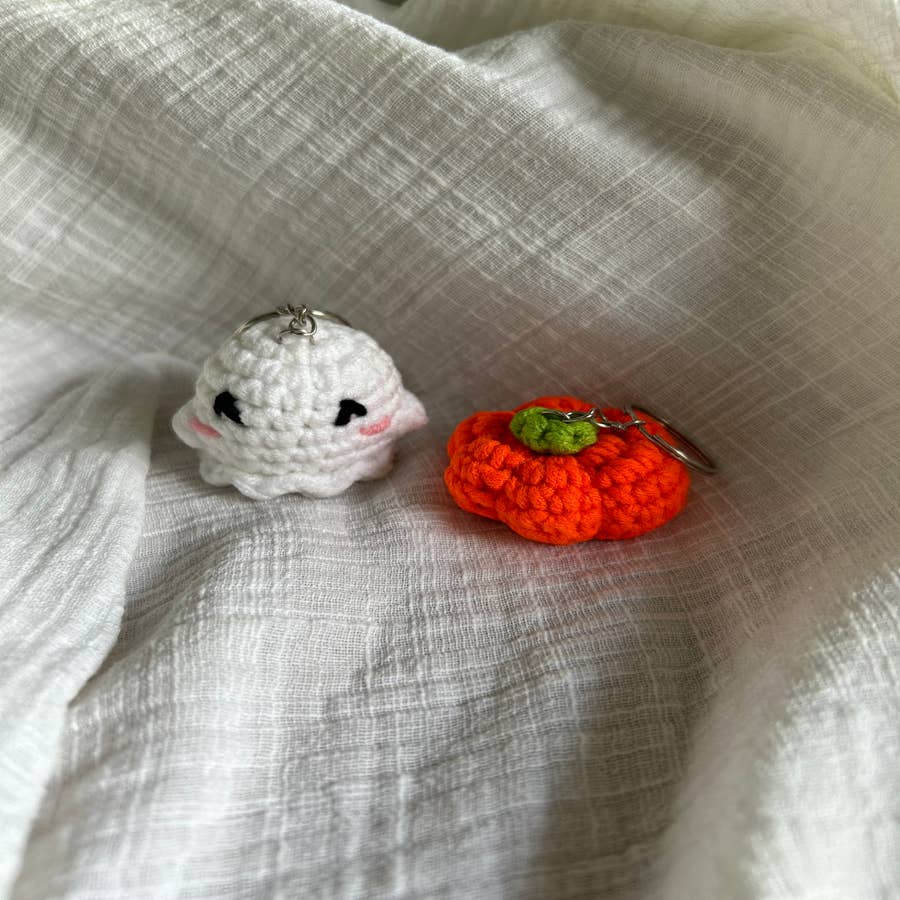 Hallween Decor, Ghost and Pumpkin Car Charm, Crocheted Plush Ghost