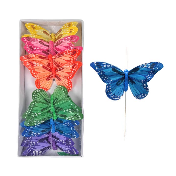 3"W Assorted Feather Butterflies on Wire - Rainbow for wholesale by Jacobson