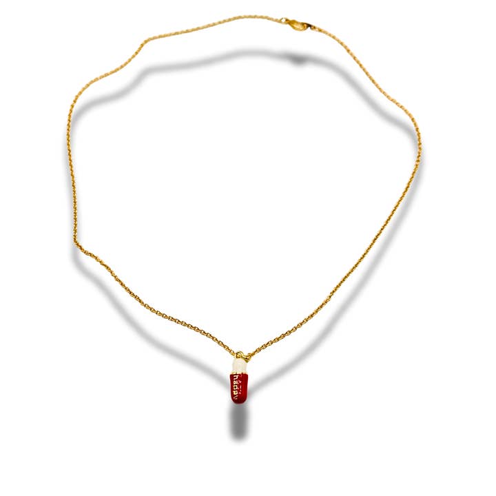 Happy Enamel Pill Necklace on 14kt Gold Plated Chain, Joy Charm Necklace for wholesale by Alisa Michelle Designs Inc.