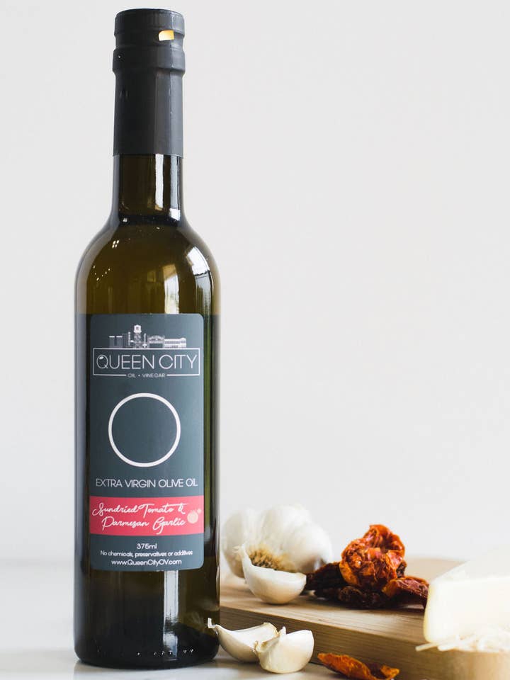 Sundried Tomato and Parmesan Garlic Extra Virgin Olive Oil for wholesale by Queen City + Co.