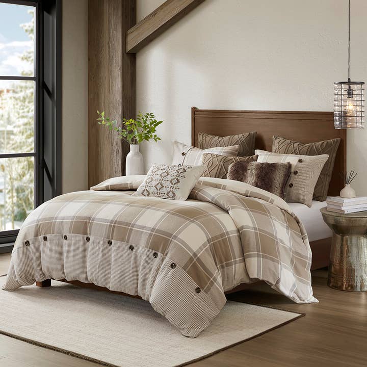 Plaid Farmhouse Cotton Jacquard Comforter Set, Neutral for wholesale by Olliix