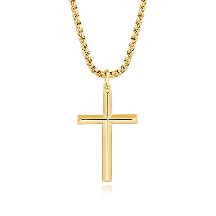 FANCIME Plated Mens Beveled Cross 14K Yellow Gold Necklace for wholesale by Fanci Me Jewelry