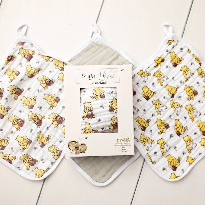Sugar Lily's - Wholesale Wash Cloth - Kids & Baby - Sugar Lily's- Winnie the Pooh- Muslin Washcloth 3 pc Set