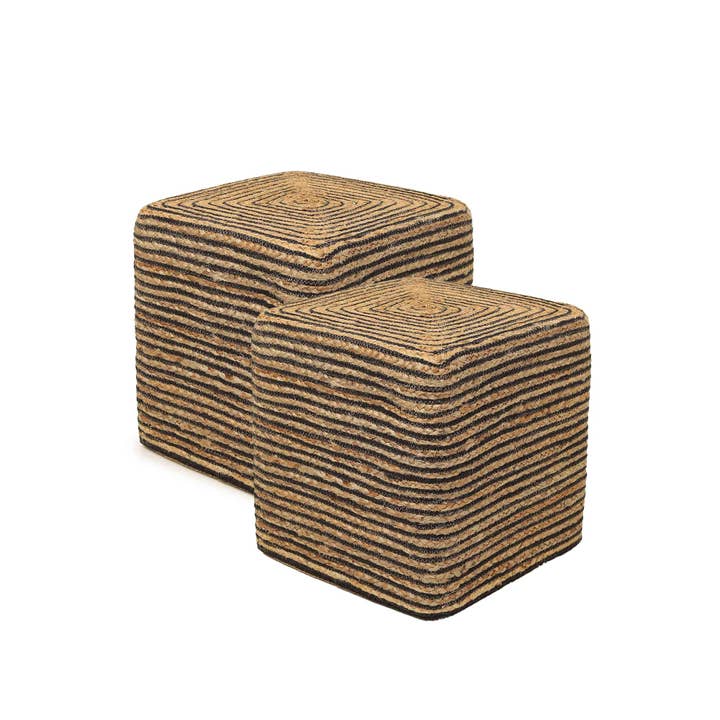 REDEARTH - Wholesale Pouf - REDEARTH Cube Pouf Foot Stool Ottoman - Jute Braided Pouffe Poof Accent Sitting Footrest for The Living Room, Bedroom, Nursery, Lounge 50% Jute 50% Cotton Set Of 2 (14.5”x14.5”x16”; Natural Black)