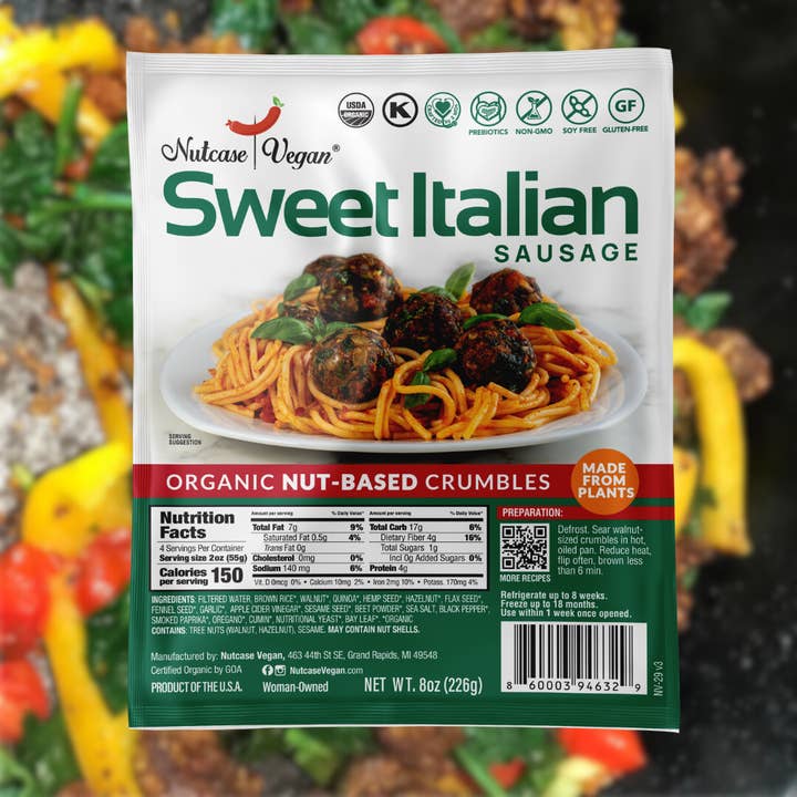 Sweet Italian Sausage Crumbles - Vegan, Plant-Based, Organic for wholesale by Nutcase Vegan
