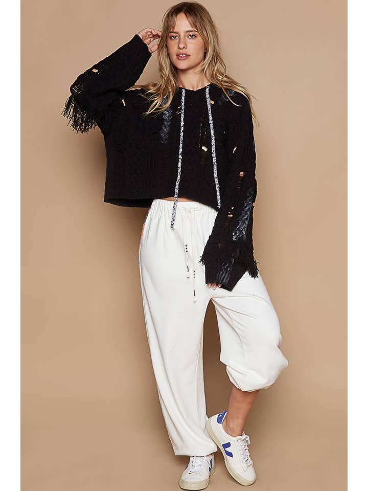 Pol Clothing - Wholesale Knit Sweater - Women's - V-neck long sleeve distressed fringe sweater SALE