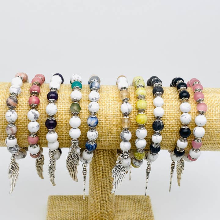 Mio Queena - Wholesale Beaded Bracelet - 8mm Natural Stone Elastic Bracelets Wing Pendant