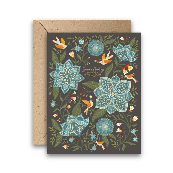 Full Bloom – Gold Foil Holiday Card with Doves & Florals for wholesale by Amicreative
