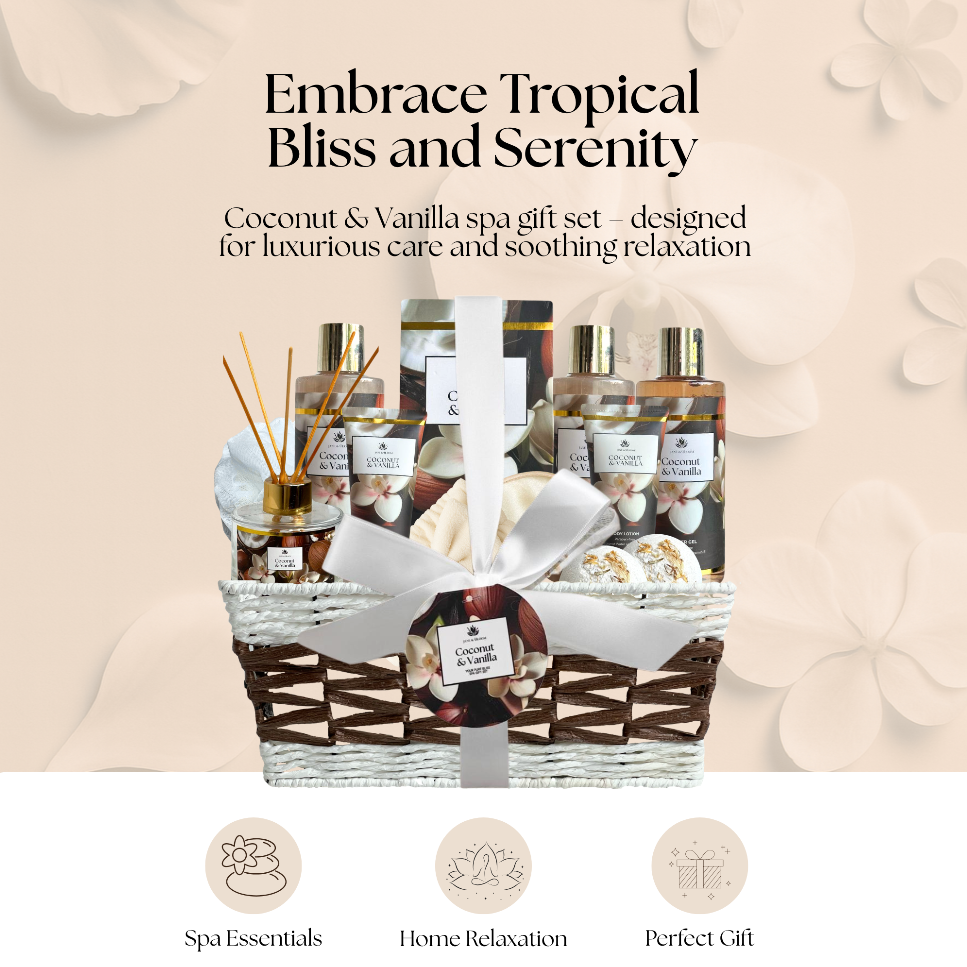Jane and Bloom USA - Wholesale Bath & Body Set - Coconut & Vanilla Luxury Spa Gift Basket2