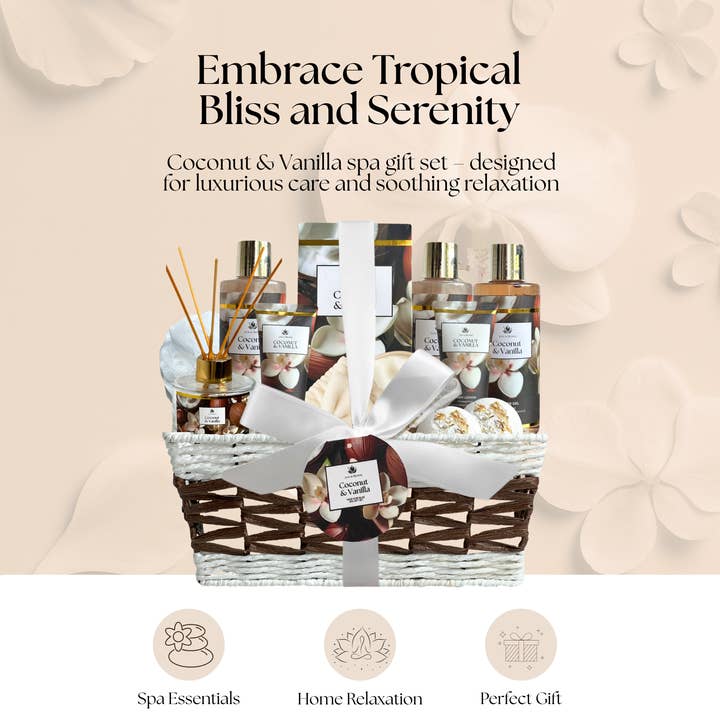 Jane and Bloom USA - Wholesale Bath & Body Set - Coconut & Vanilla Luxury Spa Gift Basket2