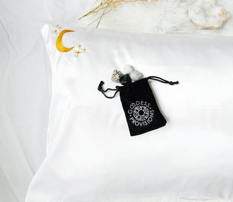 Goddess Provisions - Wholesale Bedding Pillowcase/Sham - Crystal Dreams Pillowcase, Cosmic Sleep Moon Pink Vegan Silk3