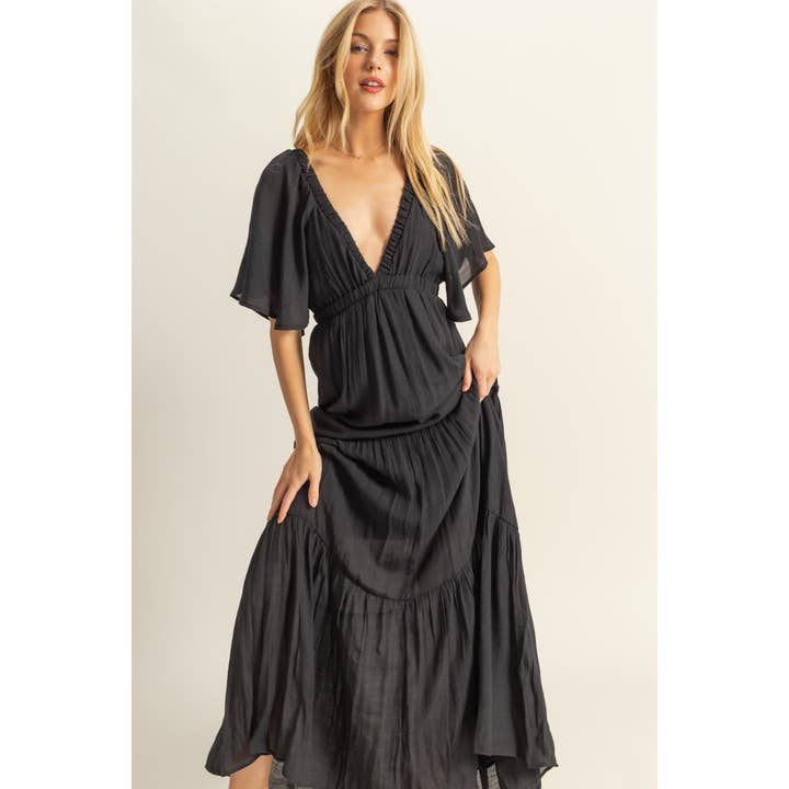 HYFVE - Wholesale Dress - Women's - HF25E045-V-Neck Flowy Sleeves Tiered Maxi Dress