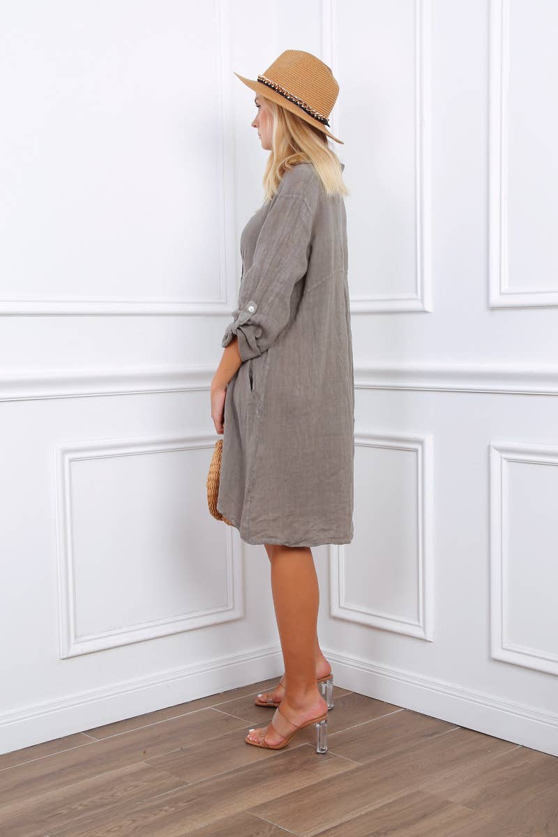 Happy look – Großhandel Kleid – Damen – Kurzes Hemdkleid aus Leinen mit langen Ärmeln7