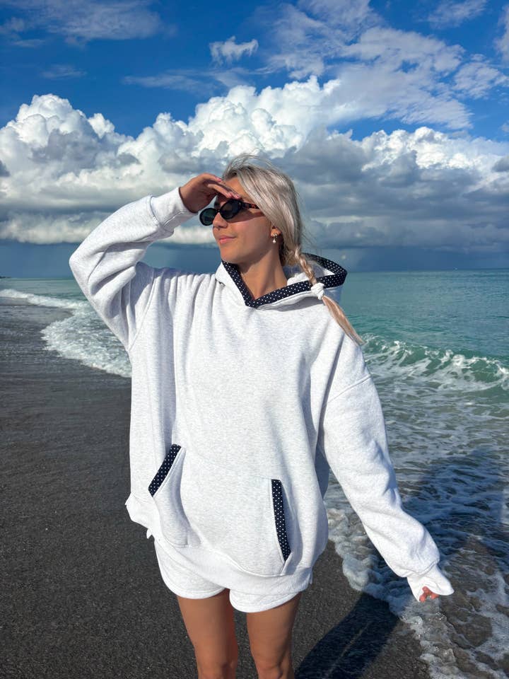 Sunkissed Coconut - Wholesale Hoodie - Women's - Pearl Grey Navy Blue Polka Dot Hoodie15