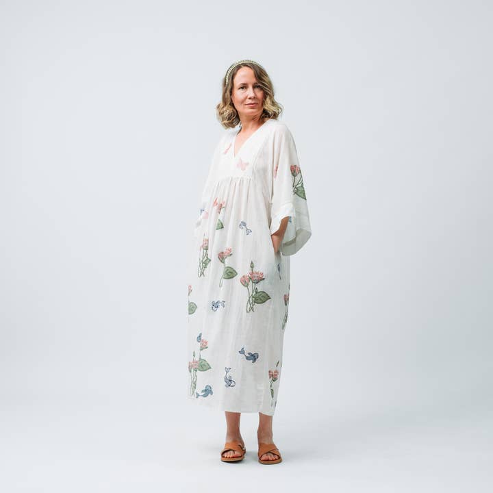 Hand-Printed Silk Cotton V-Neck Yoke Top Maxi Dress Women for wholesale by Nest Factory