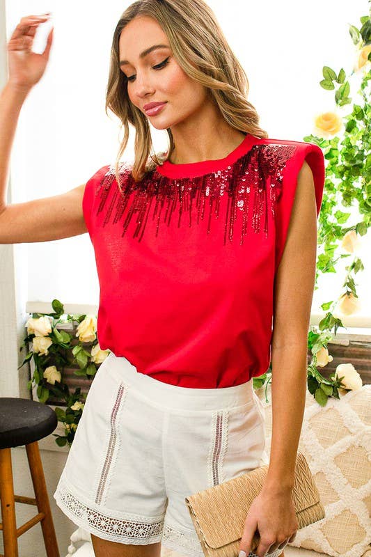 Vine & Love - Wholesale Knit Top - Women's - Shoulder Padded Sequin Detail Sleeveless Cotton Top VT813747