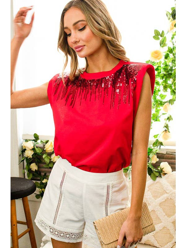 Vine & Love - Wholesale Knit Top - Women's - Shoulder Padded Sequin Detail Sleeveless Cotton Top VT813747