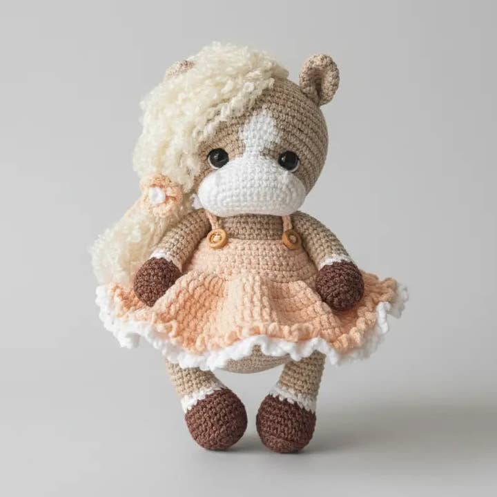 Håndlavet hæklet hestelegetøj med ferskenfarvet nederdel – blød amigurumi plysdyr for engroshandel hos Joy Gift London