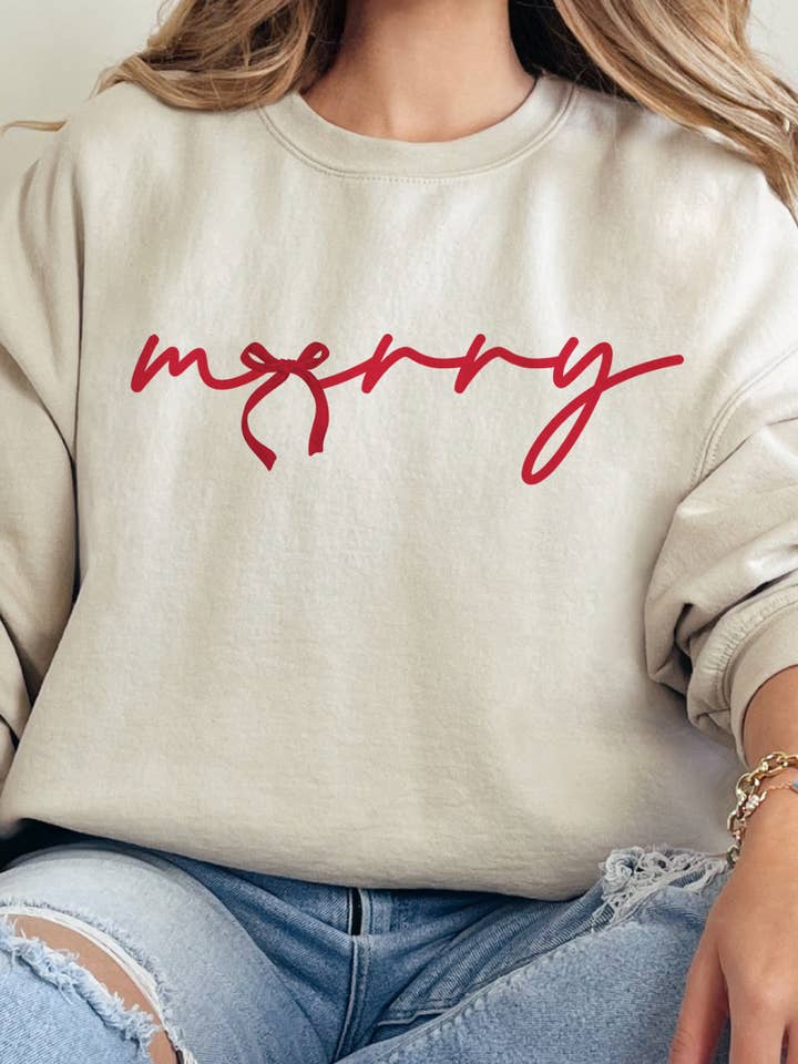 THE LATTIMORE CLAIM - Wholesale Graphic Sweatshirt - Women's - Red Merry Christmas Bow - Multiple Color Options1
