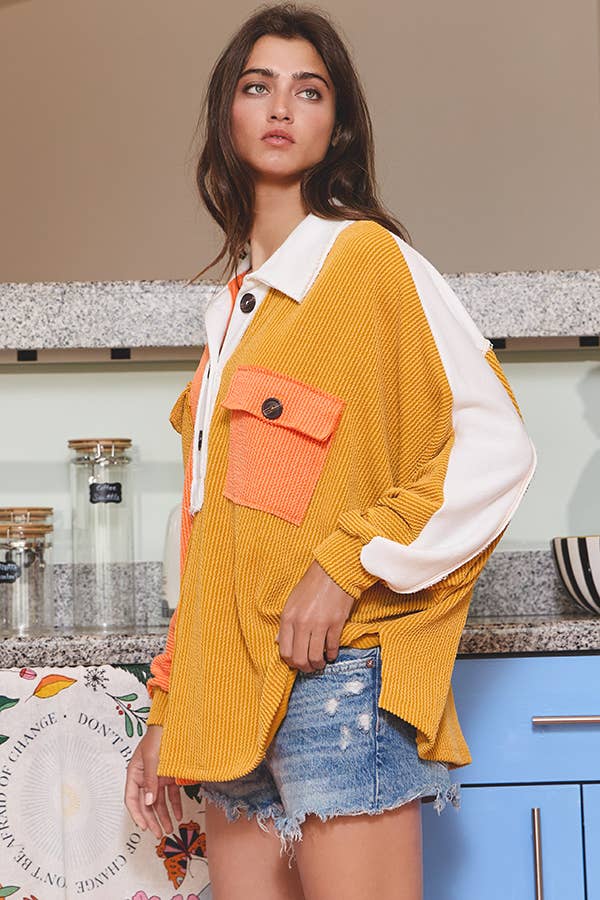 Orange/Moutarde Tunique boutonnée surdimensionnée côtelée à blocs de couleurs T1578-2D en vente sur Faire4