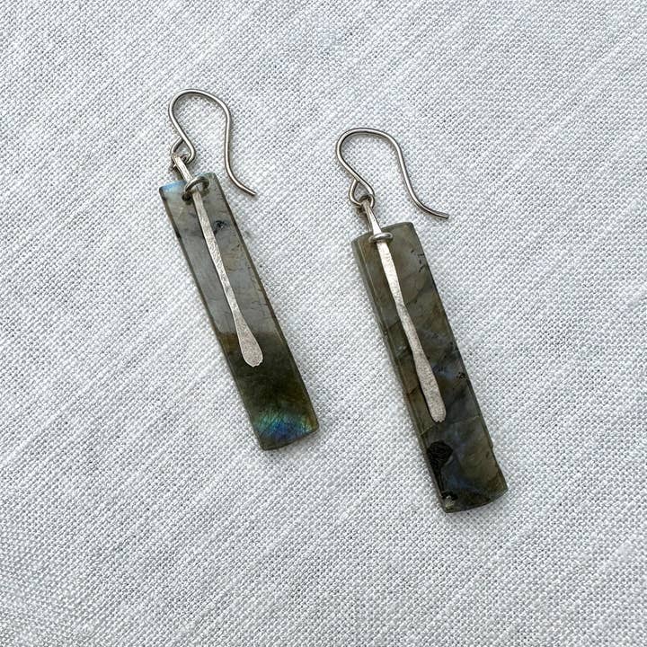 iNk Jewelry - Wholesale Dangle Earrings - Labradorite and Sterling Silver Long Rectangle Earrings "Slice" by iNk Jewelry1