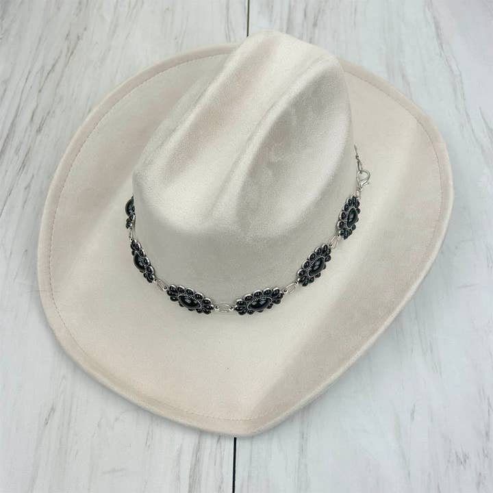 HATC030224-04 silver oval metal with black stone hat decor chain. for wholesale by Western Elite Jewelry