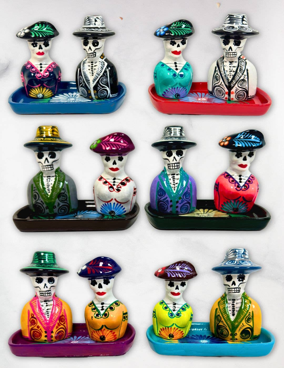 El Paso Saddleblanket - Wholesale Salt & Pepper Shaker Set - Ceramic Day of Dead Salt/Pepper Shaker w/Tray