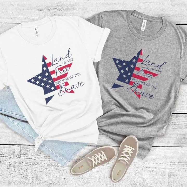 Land of the Free USA America Patriotic 4th of July T Shirt for wholesale by Sister Ray