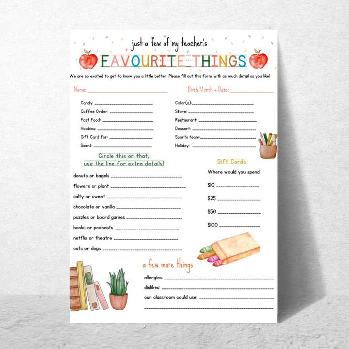 Teacher's FAVOURITE Things Survey for wholesale by paper + petals