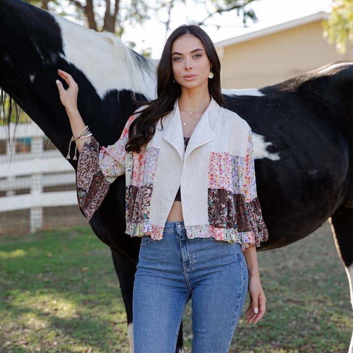 Patchwork Shrug with Ruffled Hem with Embriodered Lapel for wholesale by Young Threads