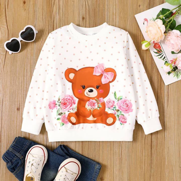 Toddler Girl Bear & Floral & Polka Dots Print Pullover for wholesale by PatPat